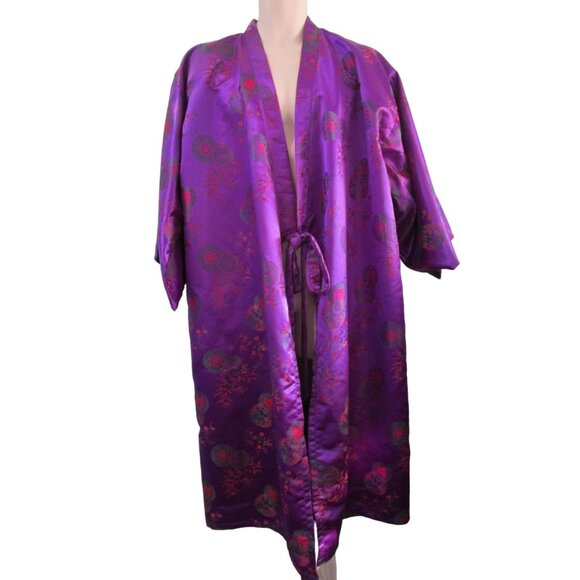 Asian Inspired Tie Front Kimono Robe Purple Red Green Brocade Damask Damage L XL - Picture 2 of 16